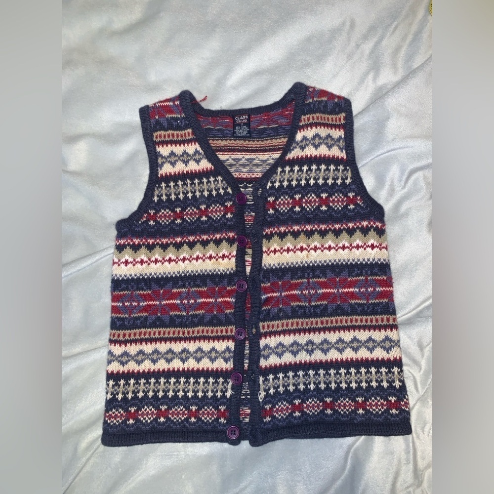 Class Club Multicolor Knit fair isle cotton ramie button up Vest size kids 7